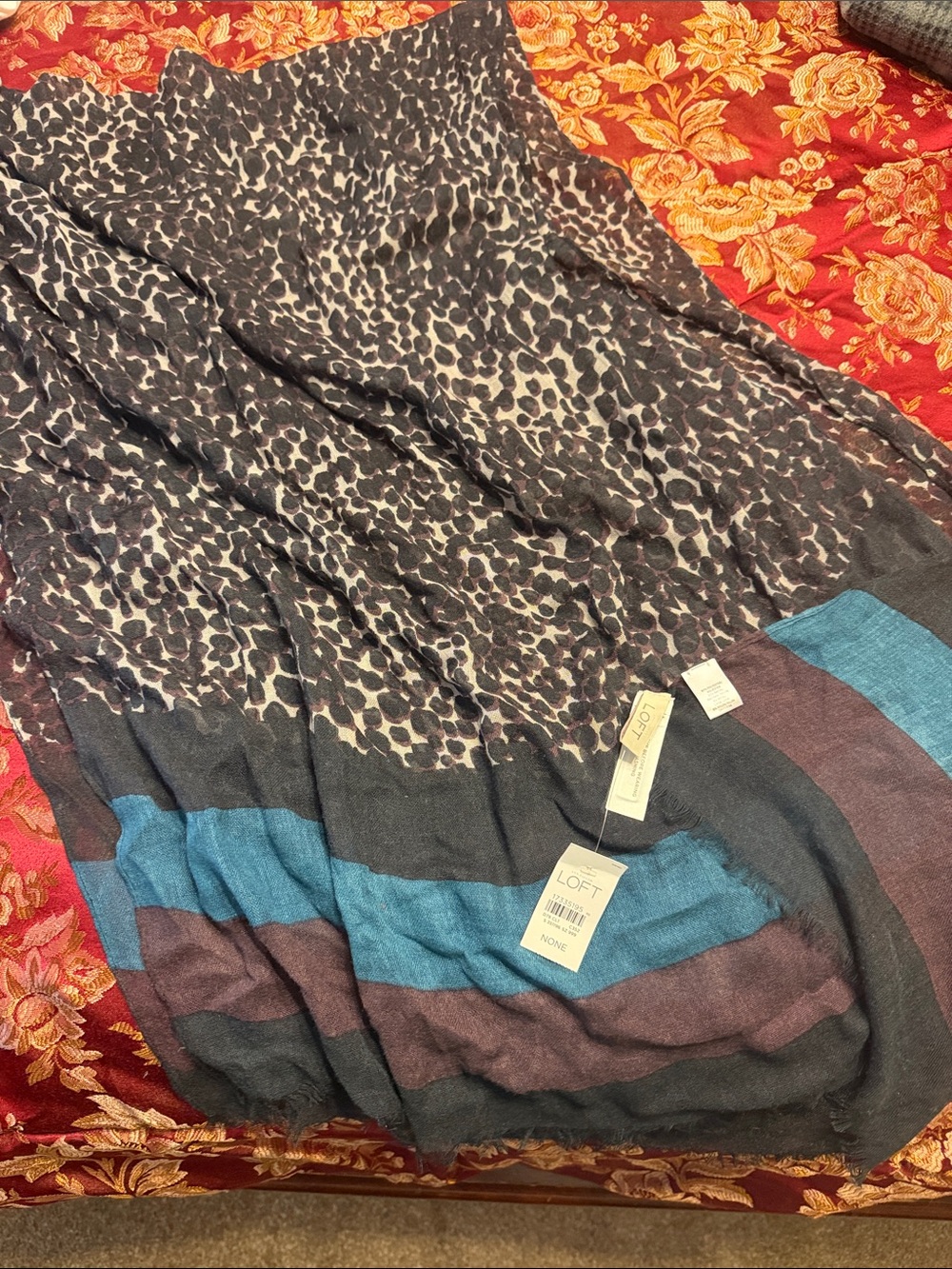 LOFT Black Animal Print Scarf with Blue and Brown Stripes